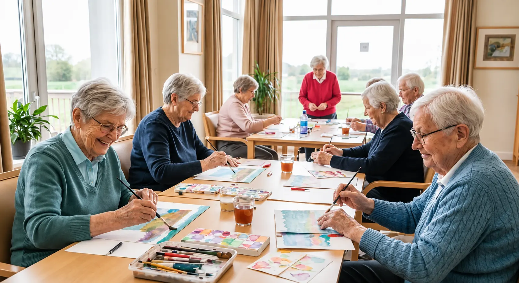 Residents painting together during an art activity