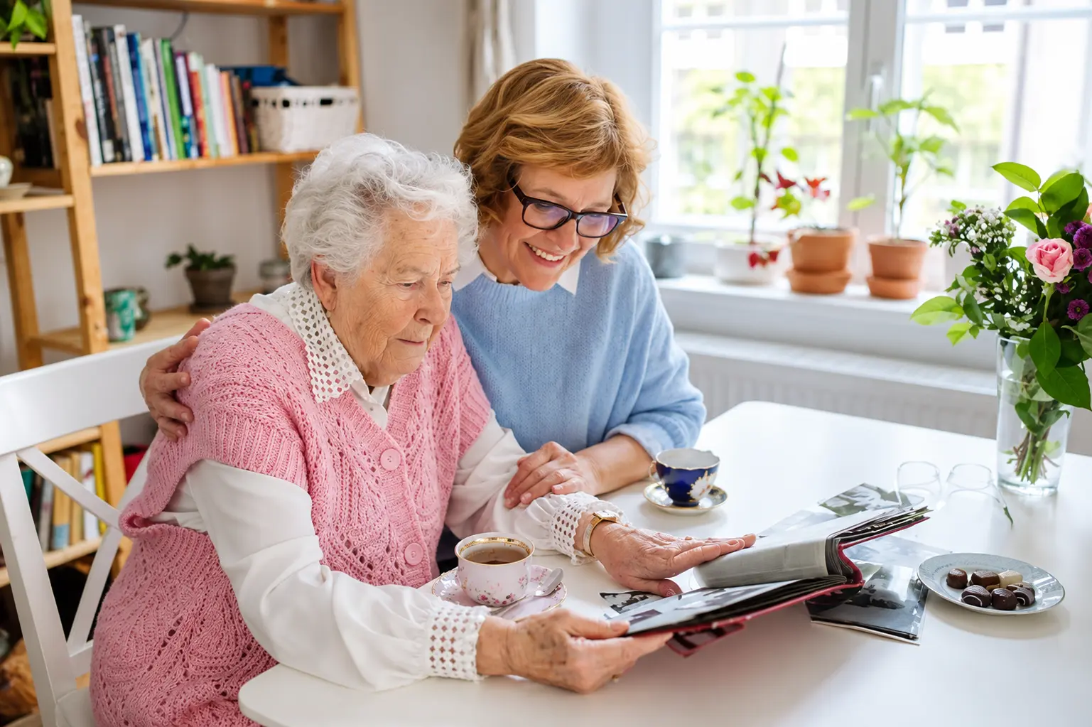 Family member looking through a photo album with a memory care resident