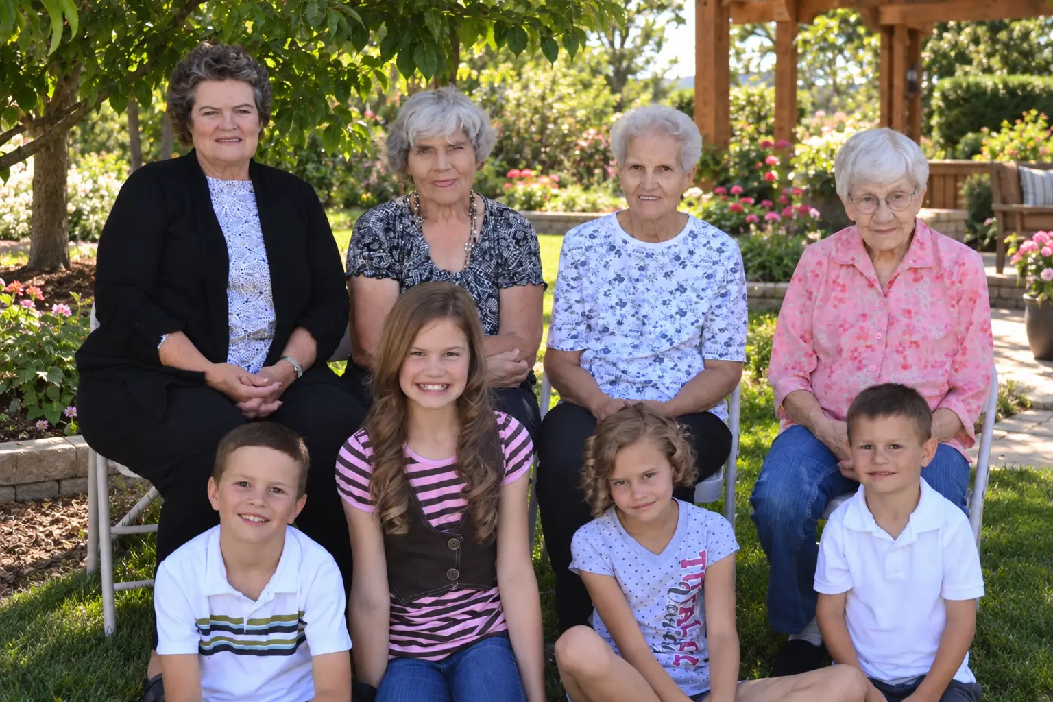 Grandparents, parents, and grandchildren gathered together on a couch
